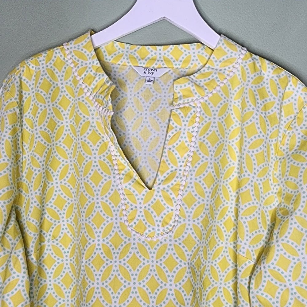 Crown & Ivy Tunic Top Yellow Geo Print Coastal Long Sleeve Preppy Beach Large